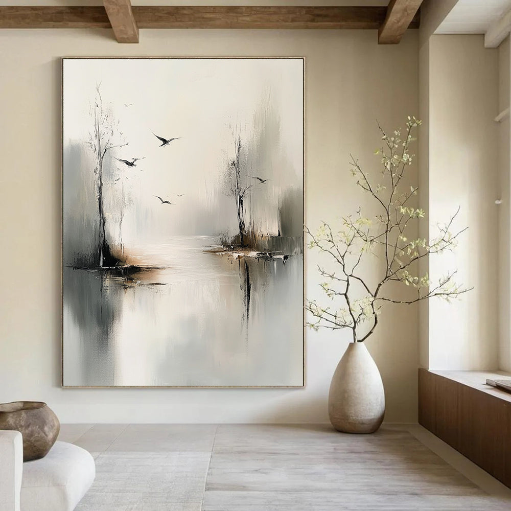 Large abstract painting of trees and birds over water in gray tones with a minimalist style and dreamy mood.STSC351