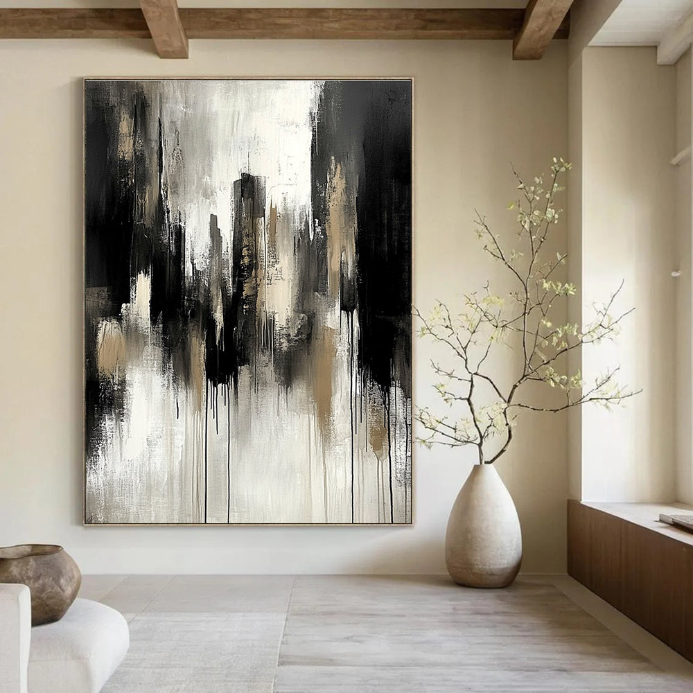 Abstract painting featuring neutral tones of grey and black with urban landscape elements and dramatic mood, enhanced by soft lighting and paint drips.STSC250