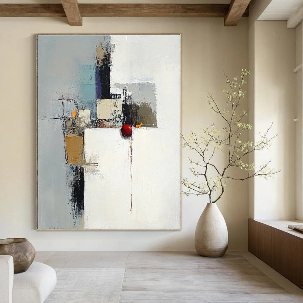 Large abstract painting in white gray and brown featuring a red object with an industrial cityscape in the background and expressive brush strokes.STSC615