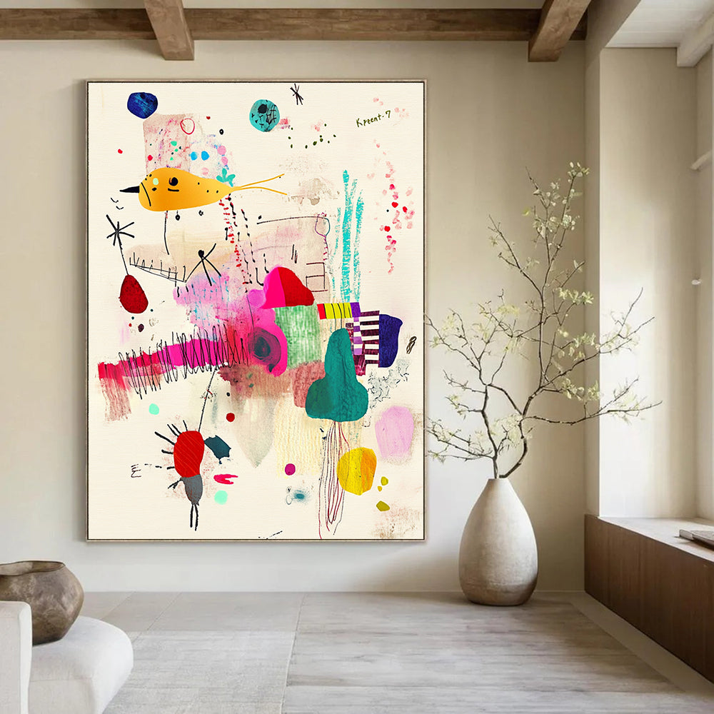 A large abstract painting featuring Krent-7 with whimsical patterns and vibrant fabric scraps on a beige background.STSC1235