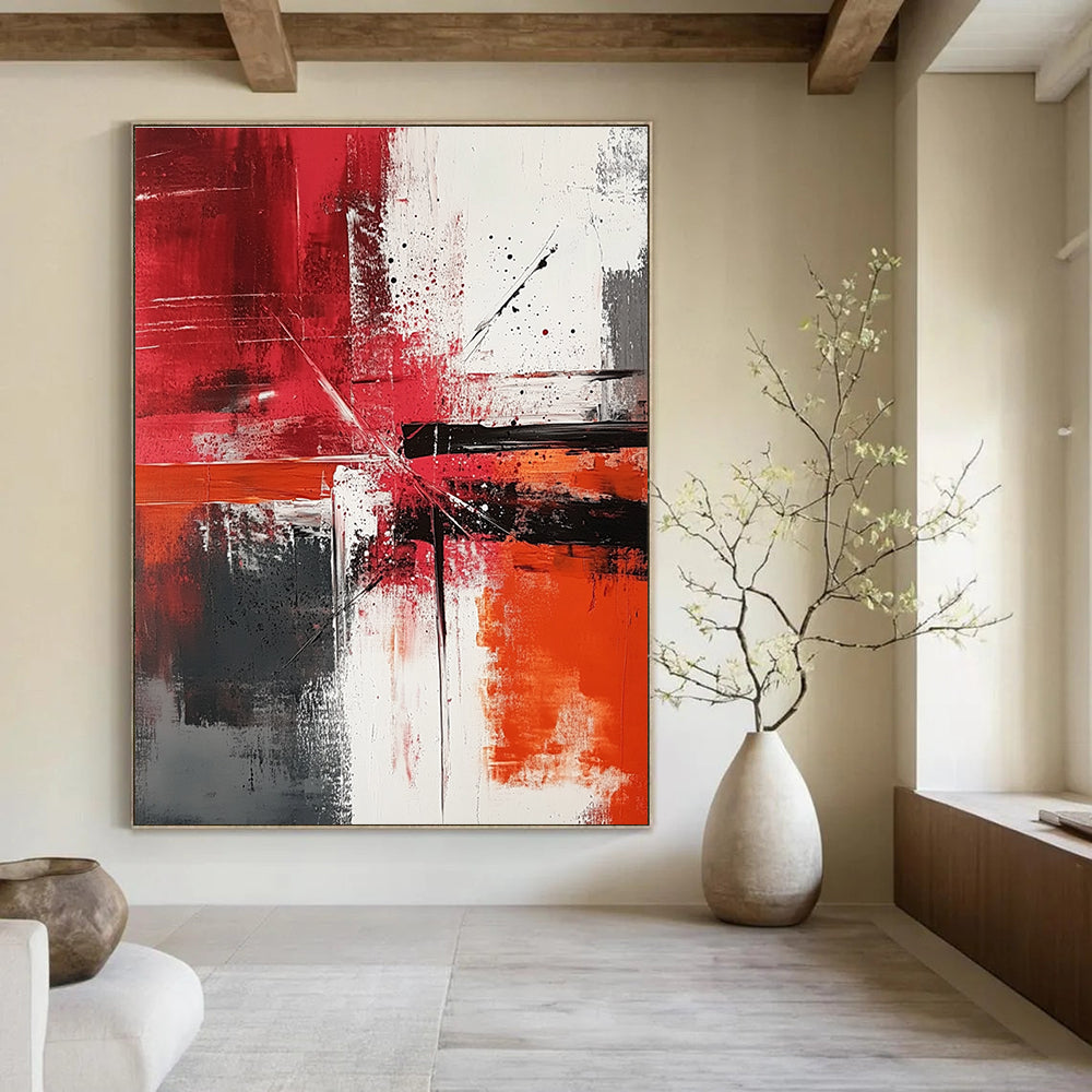 Large abstract painting featuring dynamic brush strokes and color splashes in reds whites and greys creating a sense of movement and harmony.STSC1357