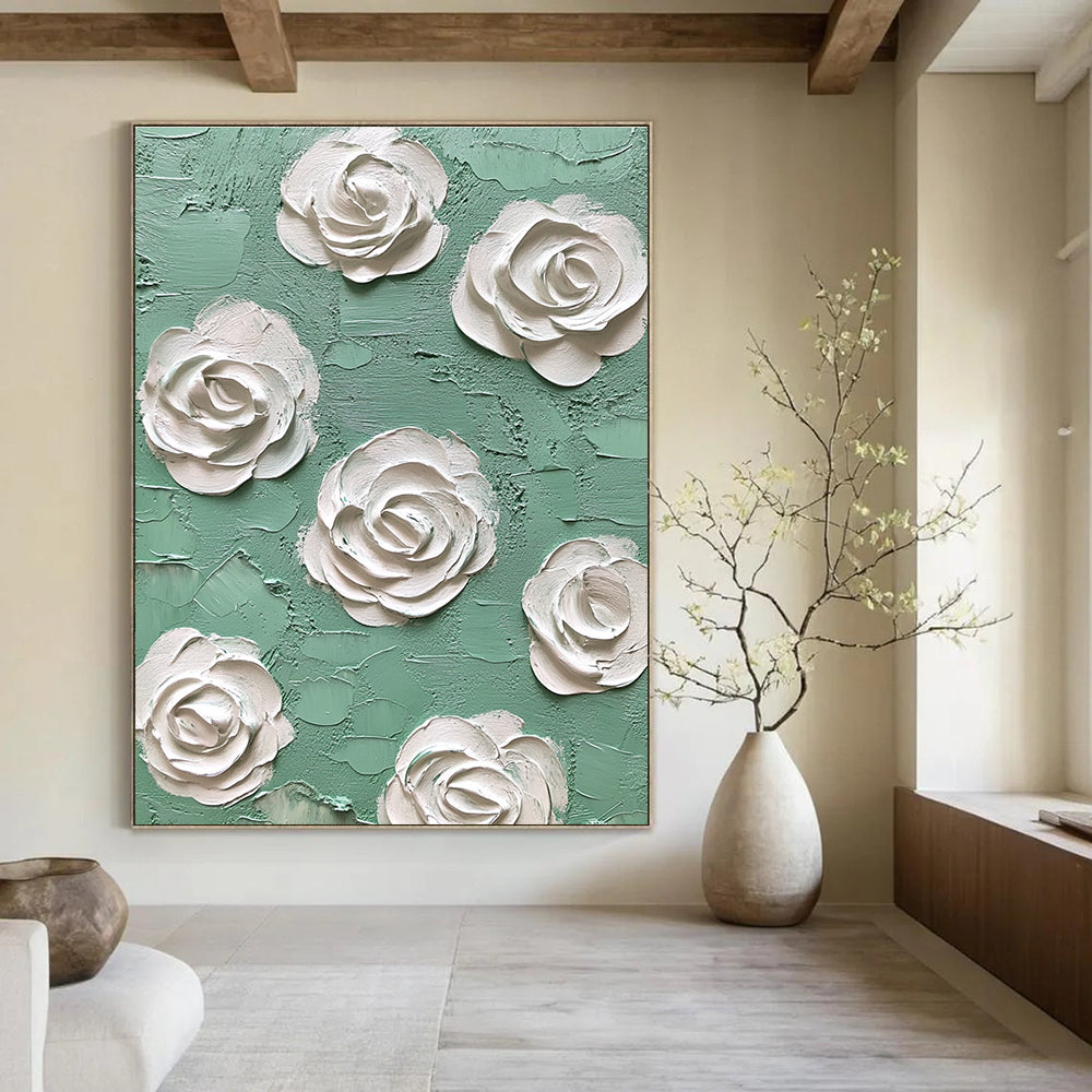 Abstract oil painting featuring mint and white roses with textured impasto layers in green and cream tones, a fine art masterpiece of high detail.STSC1350