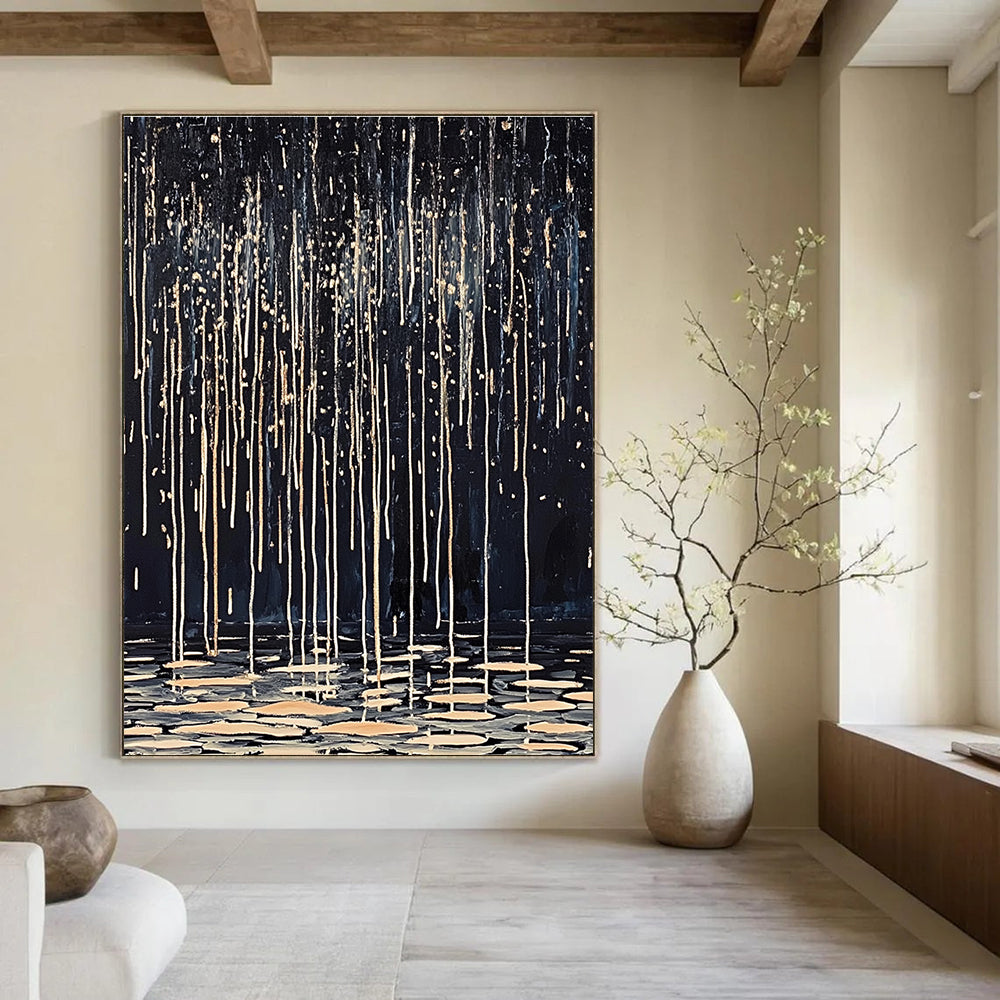 Abstract painting of dark rain with white and beige lines drips on water ripples using oil on canvas showcasing delicate textures and high-definition details.STSC1124