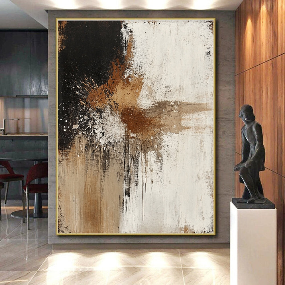 Black Brown White Abstract Painting with Splatter Effects GER773