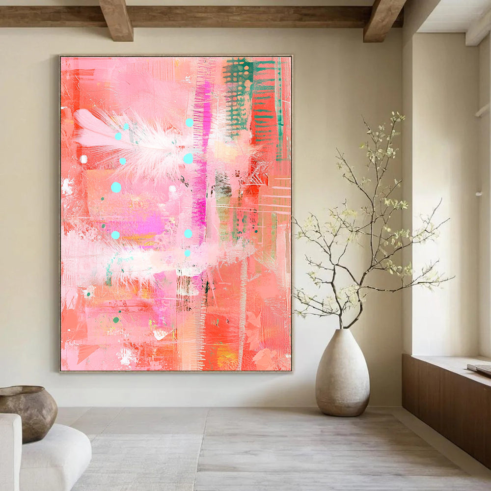 Large abstract painting featuring pastel pinks and reds with feathers dots and lines in a mixed media collage style on a textured pink background.STSC455