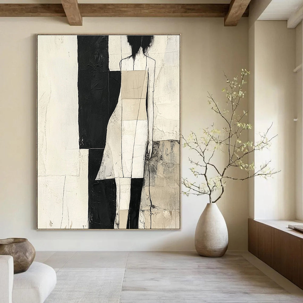 Large abstract painting in black and white with gray and beige strips against a soft cream background inspired by various artistic styles.STSC674