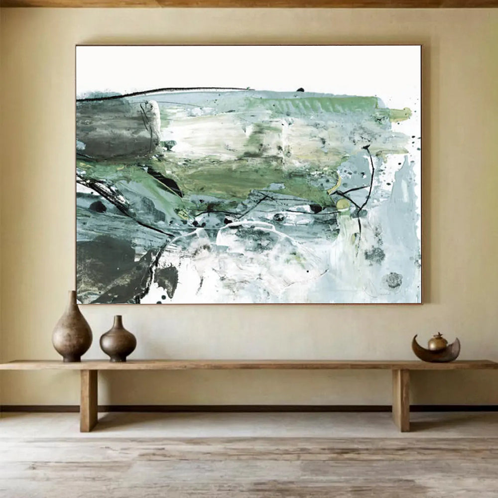 Green and Grey Abstract Painting with Textured Brushstrokes THY139