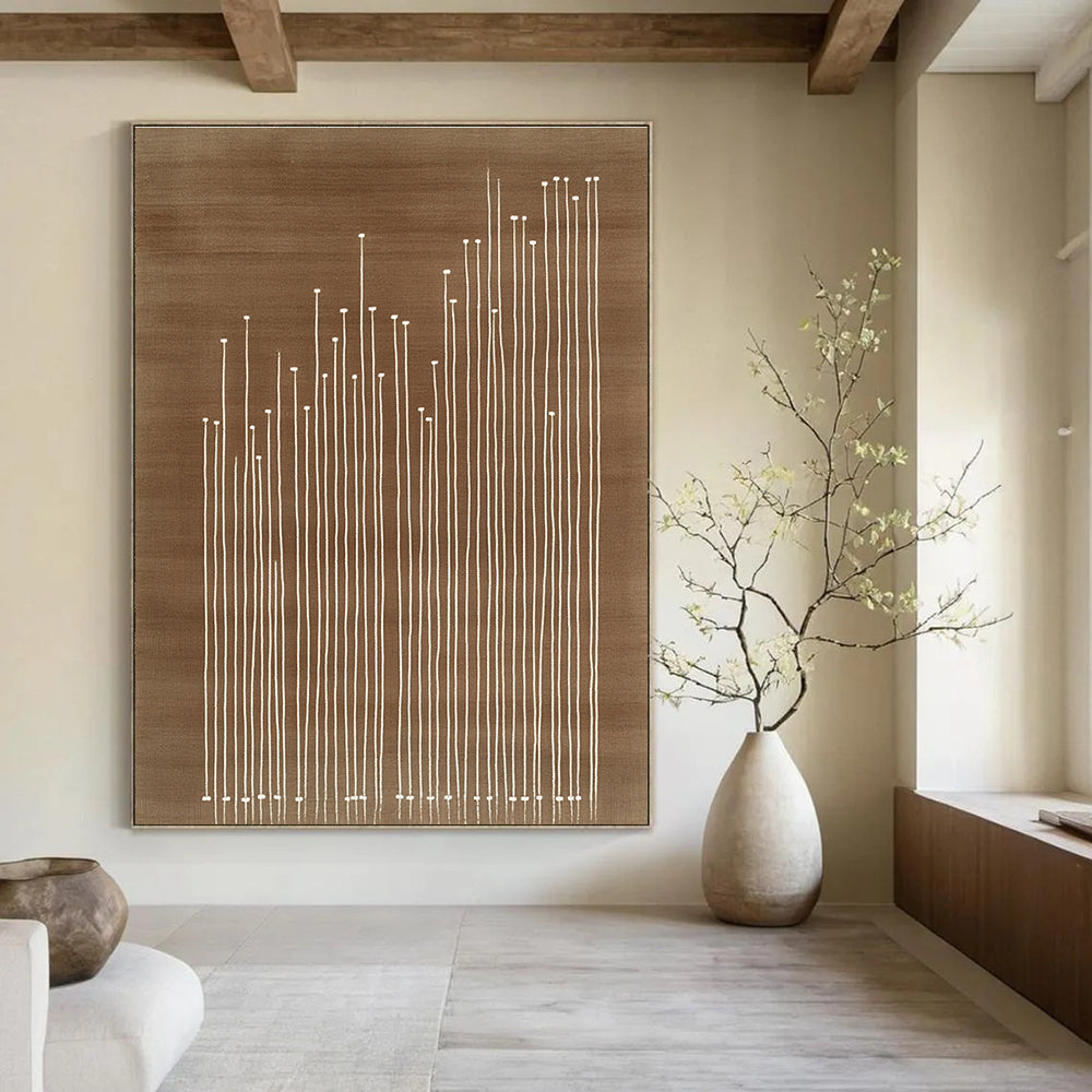 An abstract artwork featuring a brown carpet with white lines embroidered texture and simple line work in the style of Tathagata Design Studio.STSC929