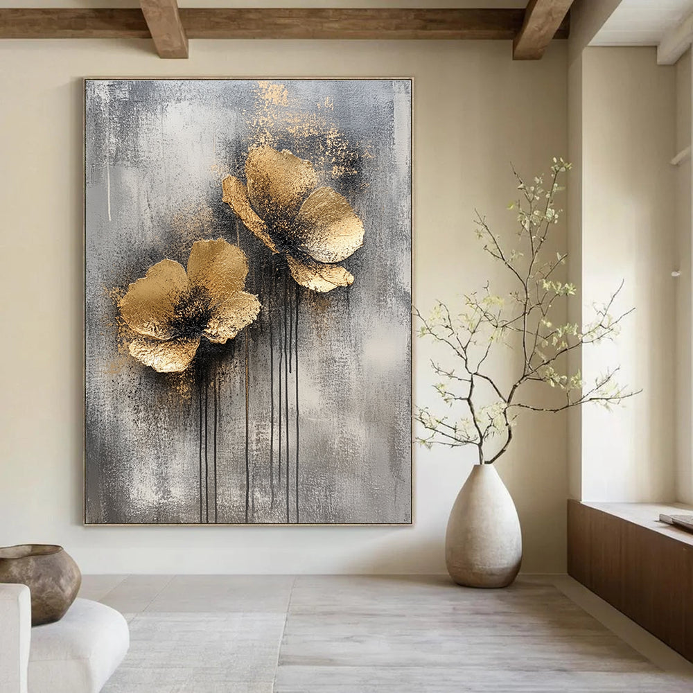 Large abstract painting featuring silver and gold on a grey background creating an atmospheric and captivating visual experience.STSC486