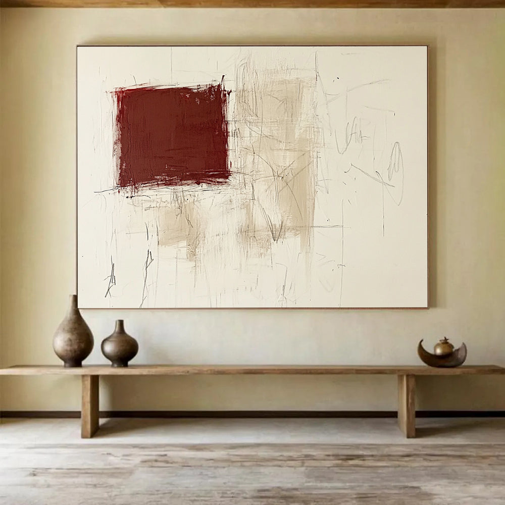 Red and Beige Textured Abstract Painting with Sketchy Lines DYP143