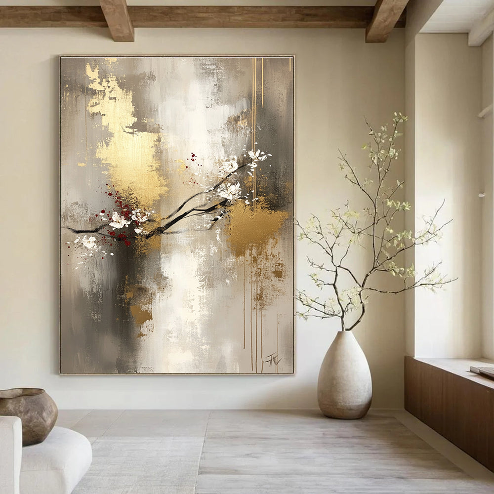 Large abstract painting featuring light gray and gold tones with delicate floral arrangements and a mysterious atmosphere on a spacious canvas.STSC434