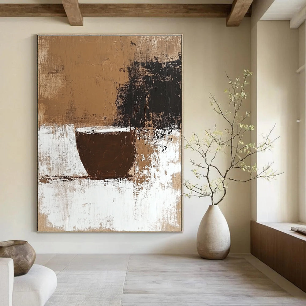 Large abstract painting featuring coffee stains and neutral tones with a textured surface and a beige background inspired by Chicano art.STSC928