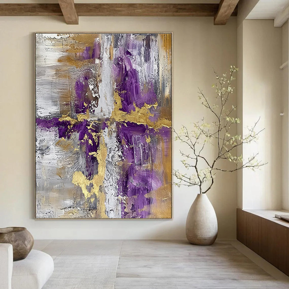 Purple and Gold Cross Abstract Painting with Gray and White ADGE135