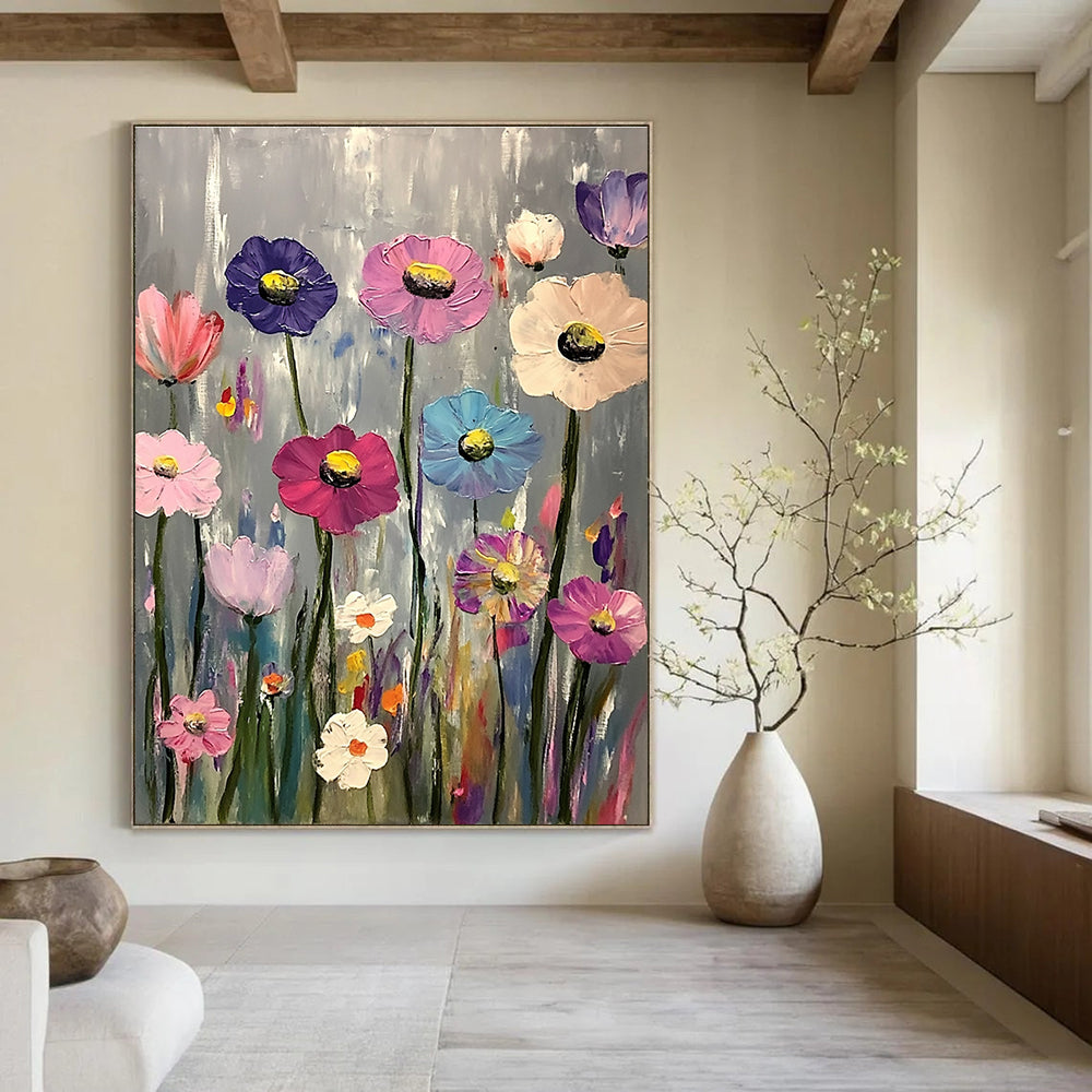 A large abstract painting featuring vibrant pink purple blue and white flowers against a gray background in the style of Claude Monet.STSC1033