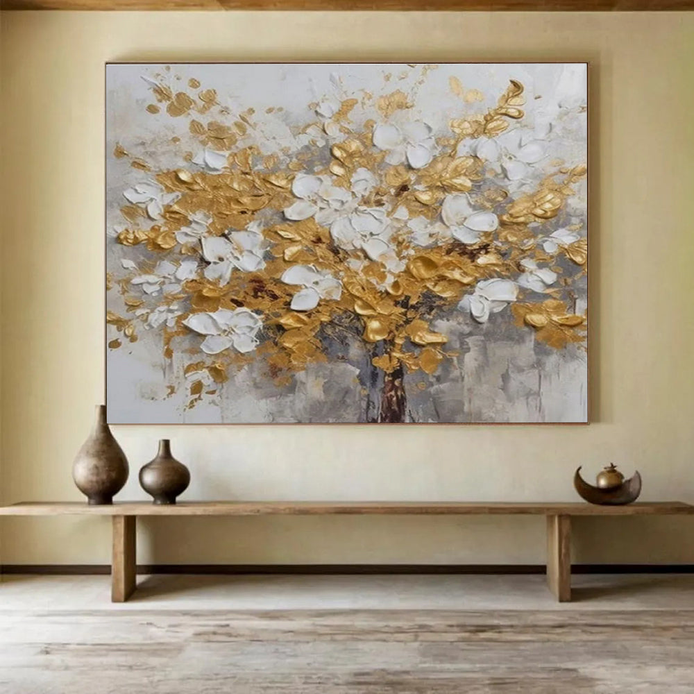 Gold and White Floral Abstract Painting with Textured Blossoms THY246