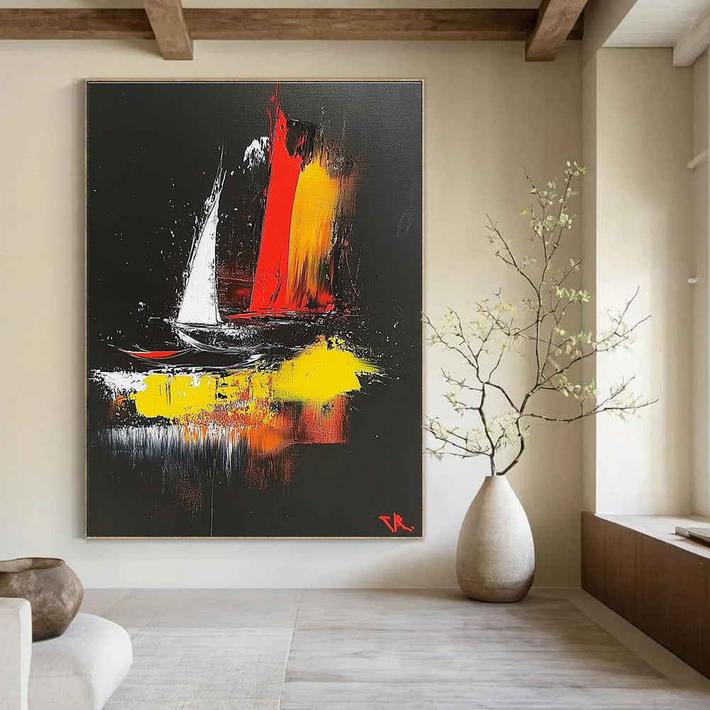 Abstract painting on a black background featuring dynamic red yellow white and black shapes evoking a sailing boat in the wind inspired by Zao Wou-Ki.STSC390
