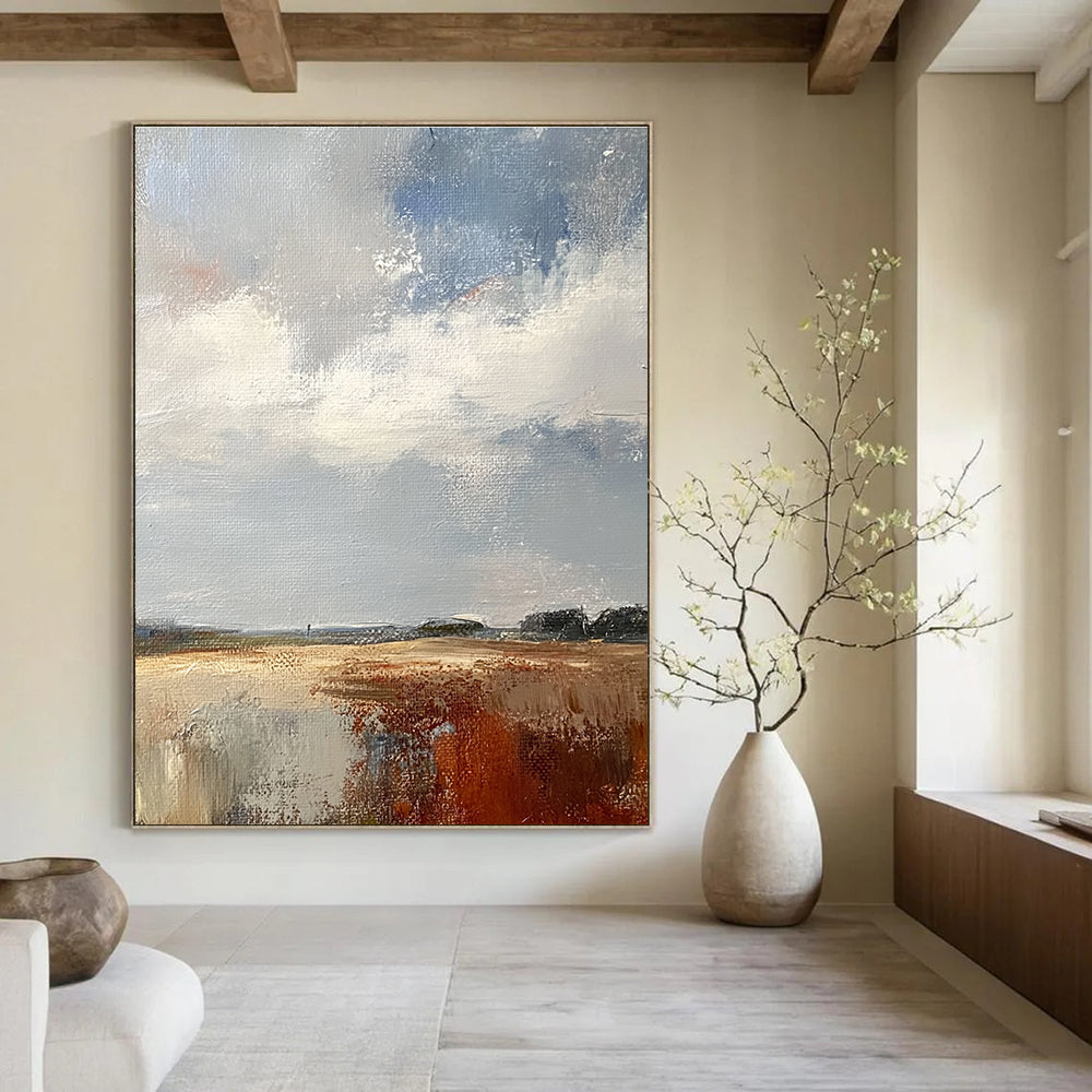Large abstract painting featuring a white sky grey and brown clouds over the English countryside in muted colors and textured brushwork.STSC172