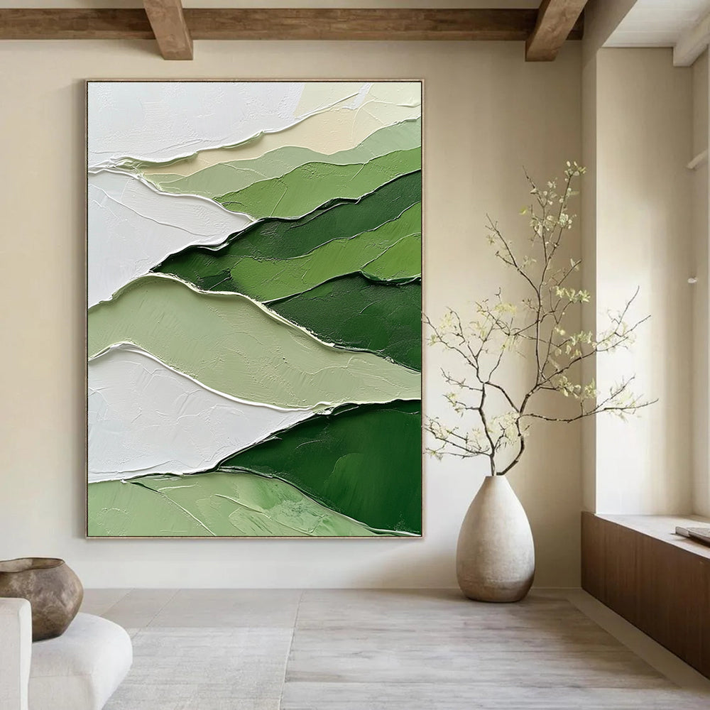Large abstract painting featuring a green and white mountainous landscape with thick impasto strokes for a textured artistic impact.STSC1005