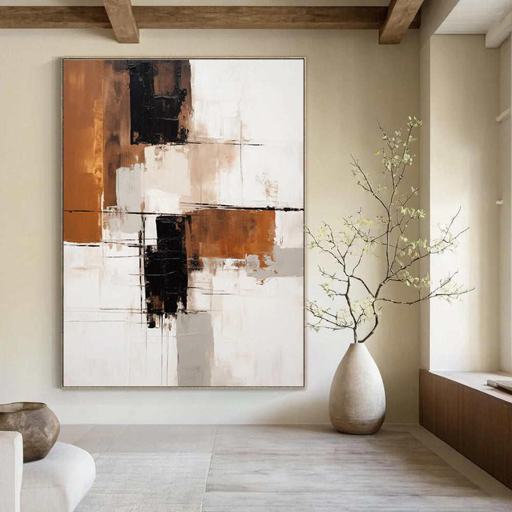 Earth - Toned Geometric Abstract Painting with Brown, Black, and Beige ADGE129