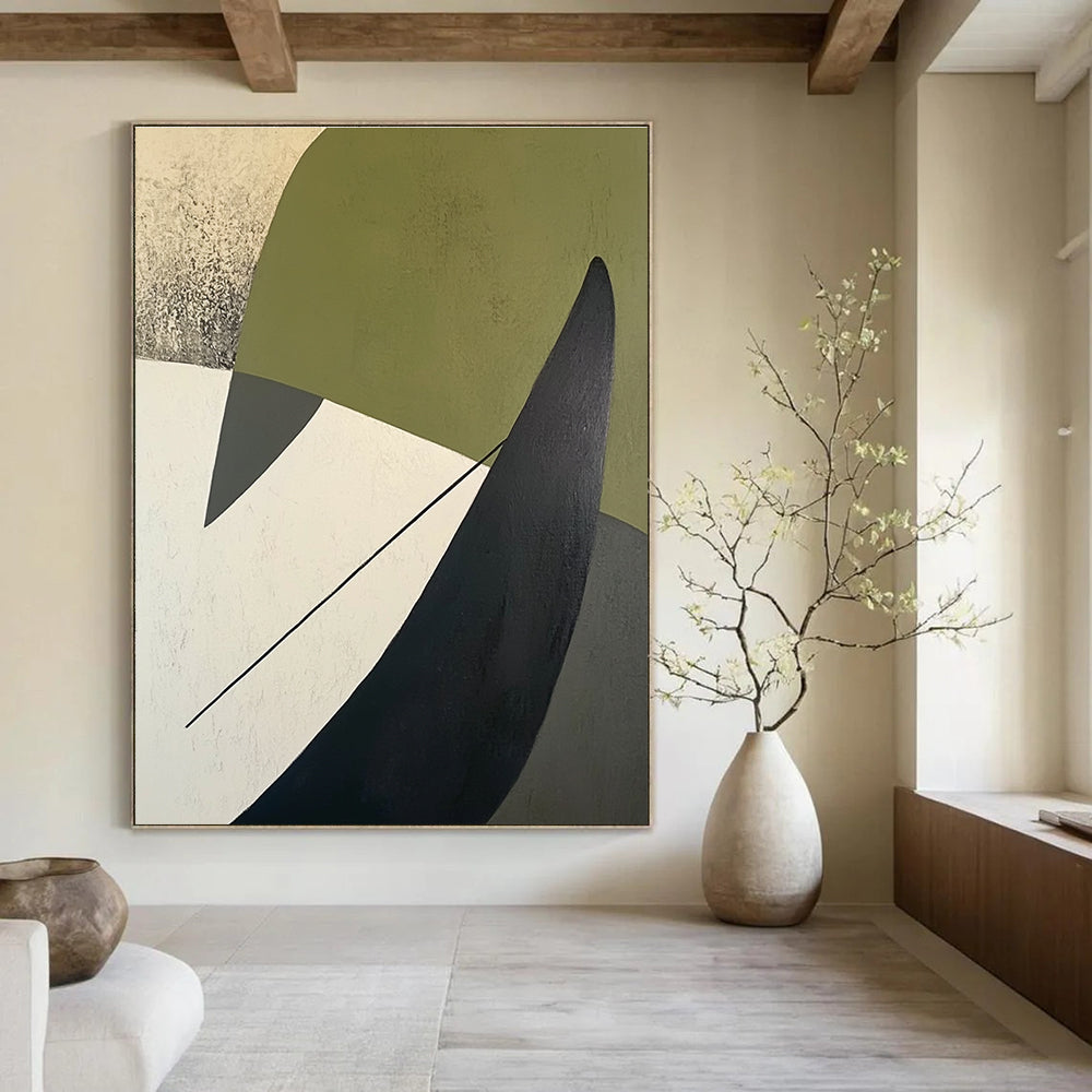 A large abstract painting featuring green white and black shapes on a beige background with a dark gray arrow-like line on the left side.STSC684