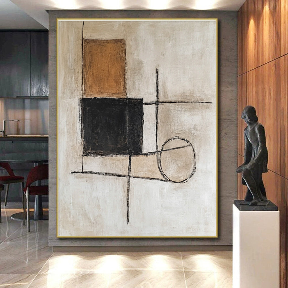 Brown Black and Beige Abstract Painting with Mixed Geometric Shapes GER183