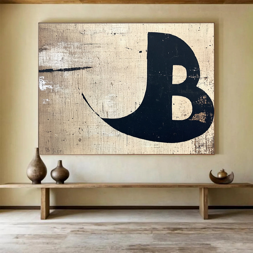 A large abstract painting on wood featuring a minimalist black letter B against a beige and white textured background for elegant creative uses.SC438