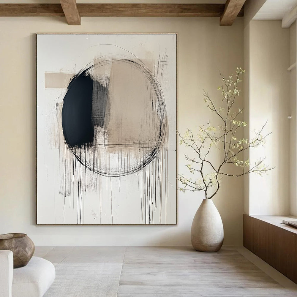 Large abstract painting featuring a central black circle with thin lines and ink drips in soft neutral tones on a white background.STSC253