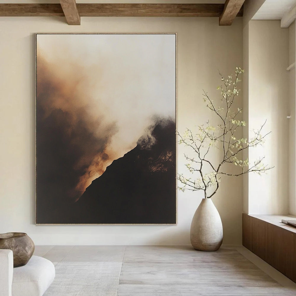 Large abstract painting of smoke rising in a misty atmosphere with a black mountain and golden glow capturing muted tones and hyperrealistic details.STSC698