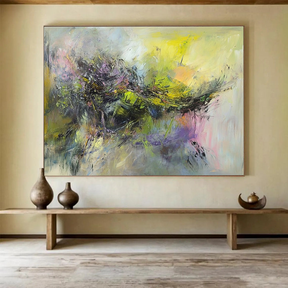 Large abstract painting of a battlefield with thick brush strokes in muted greens yellows pinks and purples depicting movement and chaos.SC305