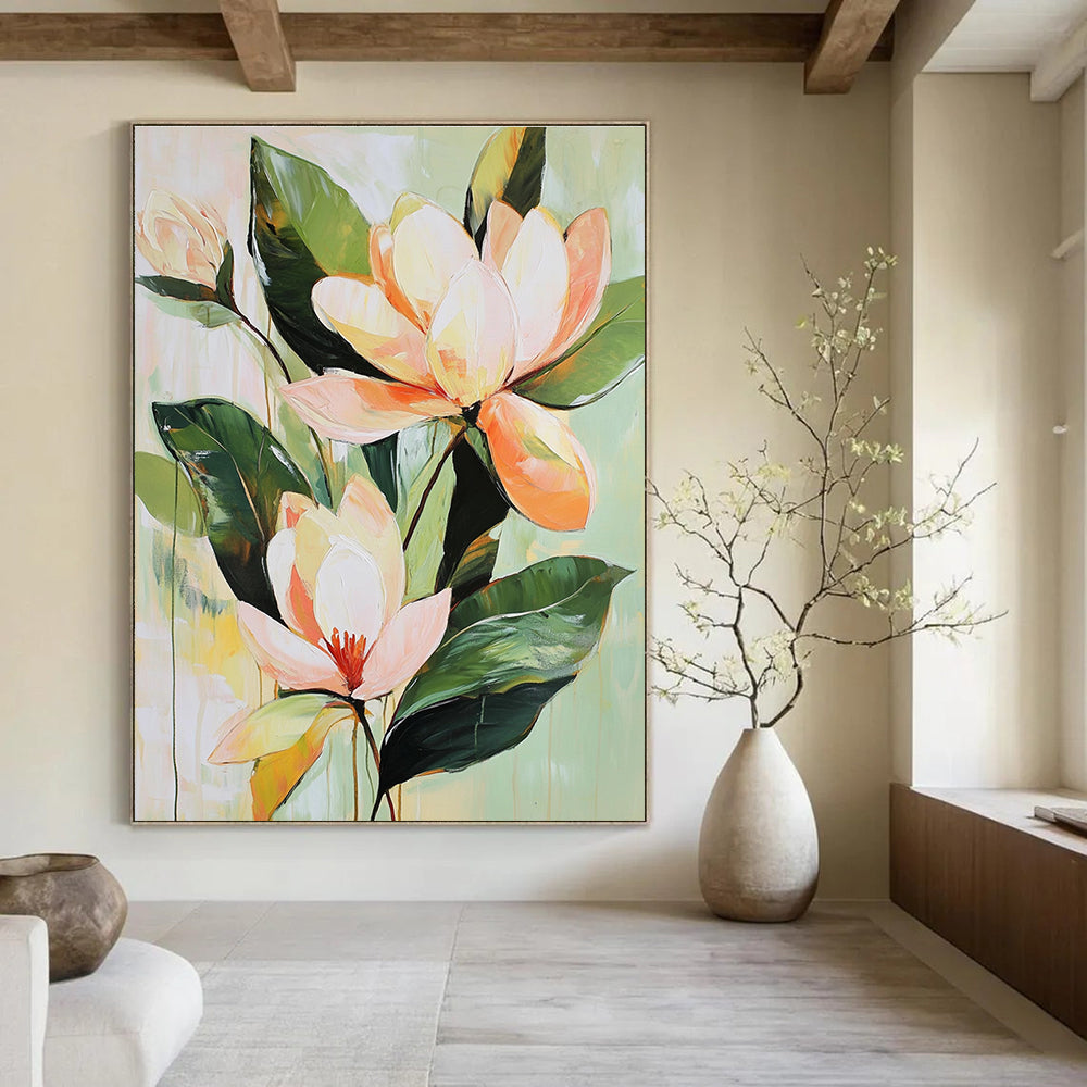 Large abstract painting of tropical flowers and magnolia blossoms in soft tones with a vintage brushstroke style on a pale green background.STSC355