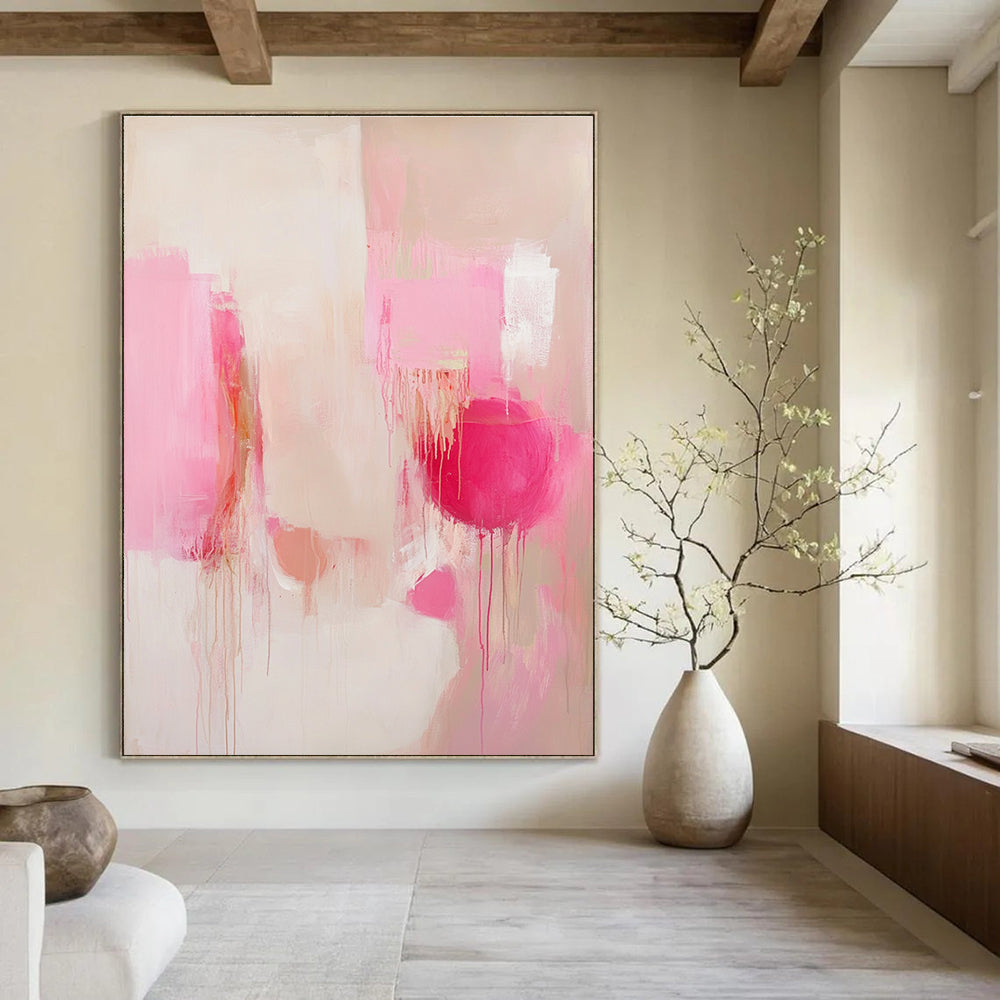 Large abstract painting in soft pink and white tones with emotional expressionism and delicate details, featuring layered shapes and unique accents.STSC807