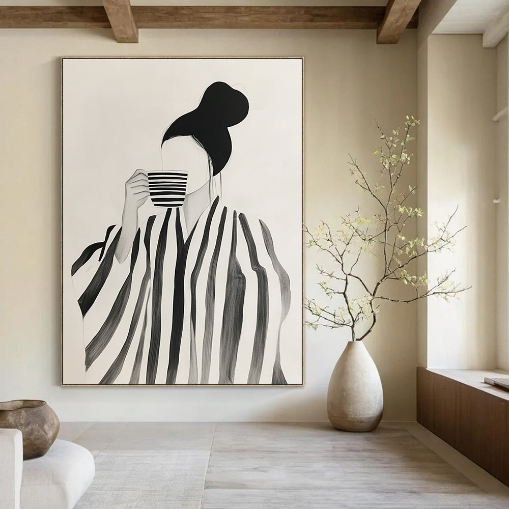 Abstract art featuring a woman in a striped robe enjoying coffee amidst neutral shapes in shades of black and grey on a white background.STSC1344