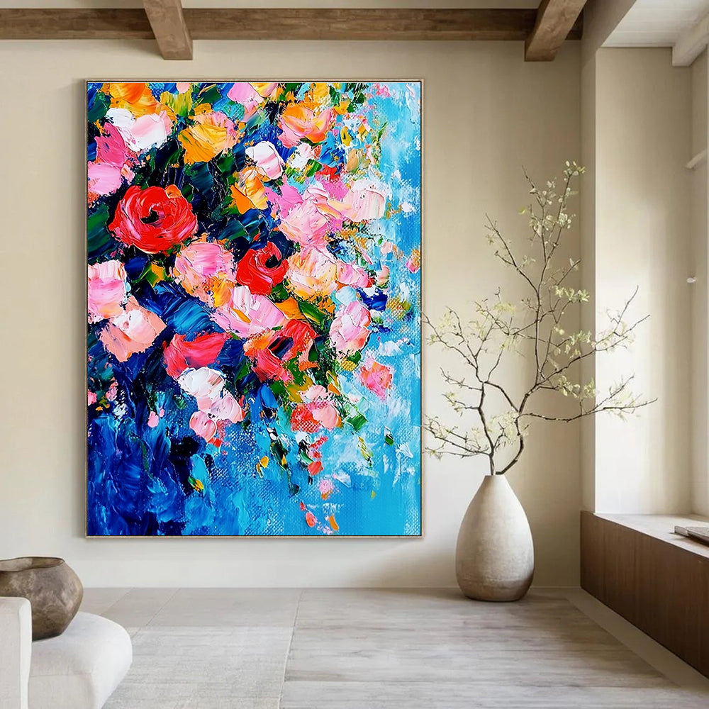 Large abstract painting featuring vibrant flowers in pink and red against a delicate blue and pink background showcasing intricate details and dynamic composition.STSC1026