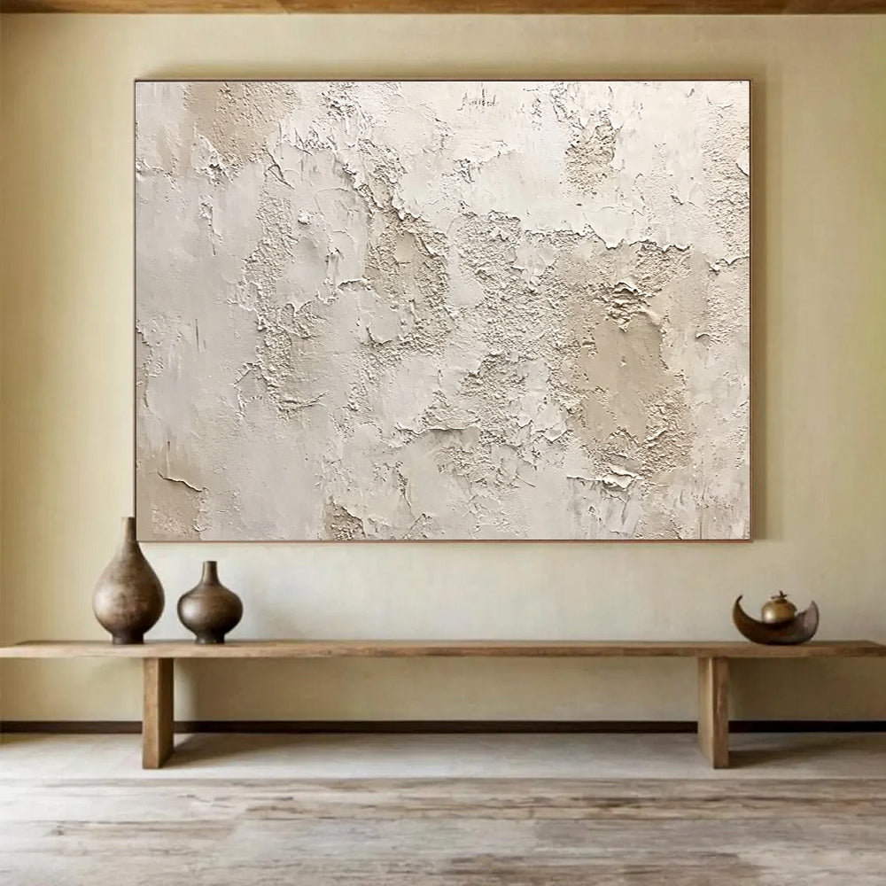 Large abstract painting of a textured white wall with shades of gray beige and brown showing organic shapes and a weathered appearance.SC183