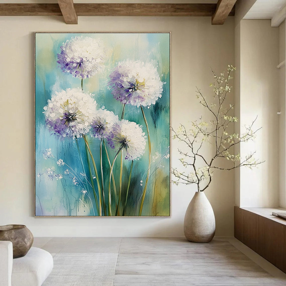 Abstract painting featuring white alliums with light purple accents on a soft greens and blues background, evoking a dreamy spring atmosphere.STSC1468
