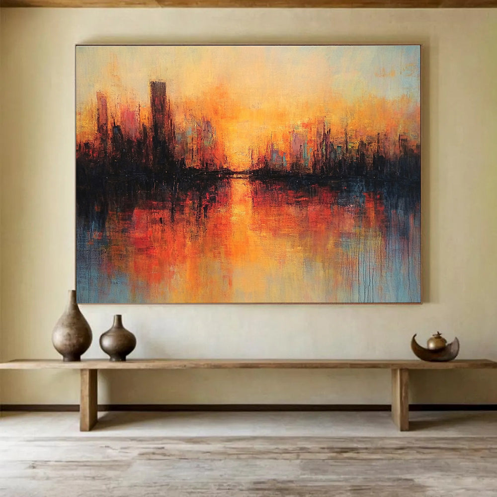 Cityscape Sunset Abstract Painting with Warm Color Palette DYP198