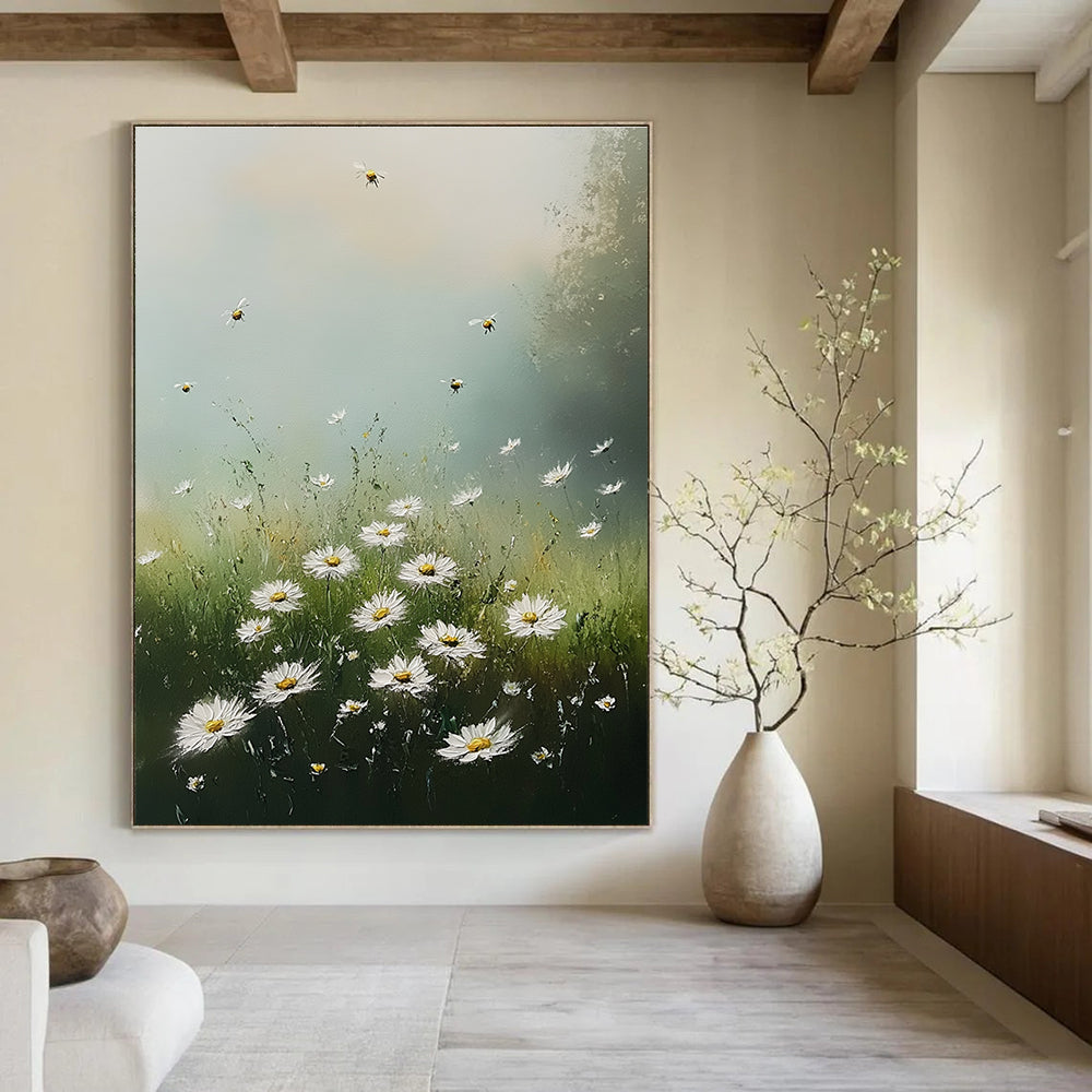 Large Abstract Painting of Wild Daisies in a Meadow Under Soft Morning Light with Bees and Fluffy Clouds Creating a Serene Atmosphere.STSC1176