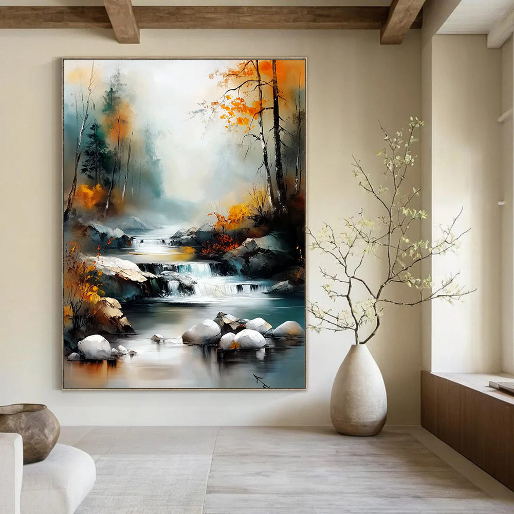 Large abstract painting capturing a river through a valley with autumn trees and vibrant colors in a soft misty style reminiscent of Claude Monet.STSC1165