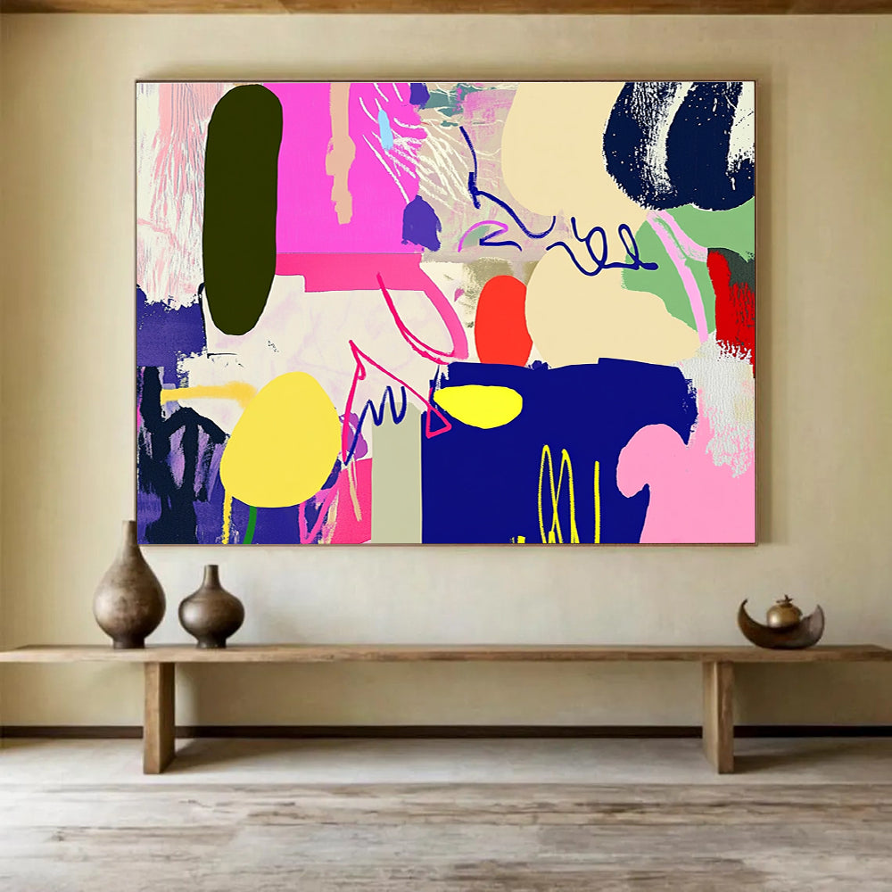 Large abstract artwork featuring vibrant shapes and lines with a unique animal silhouette in the right corner for a striking visual impact.SC455