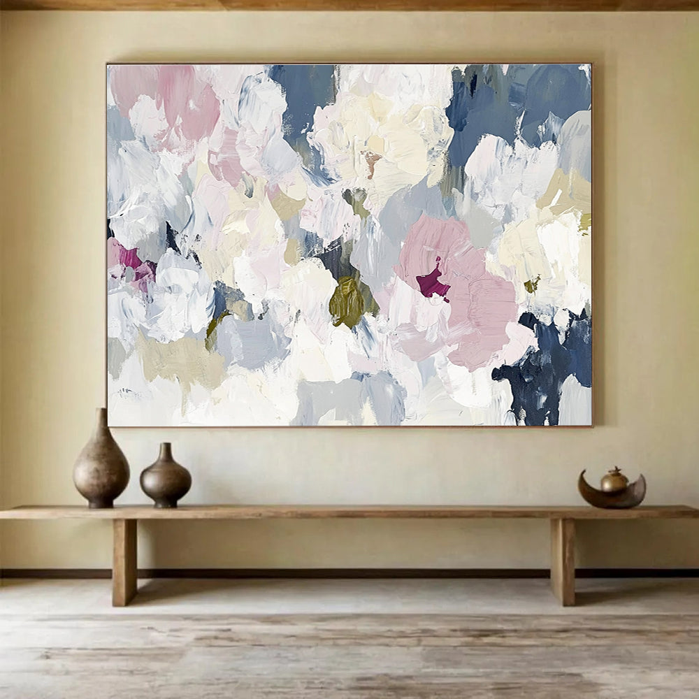 Large abstract floral painting in soft whites pinks and greens creating an elegant contemporary composition inspired by nature's beauty.SC049