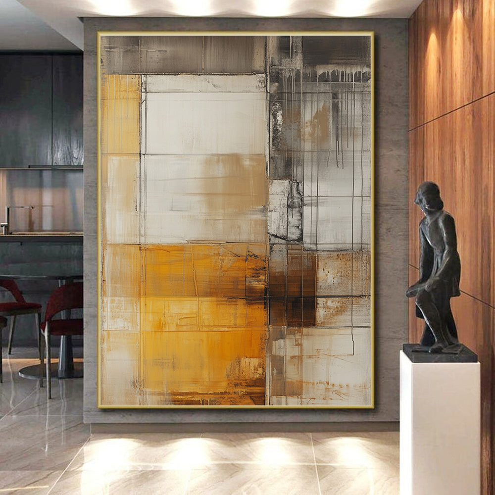 Brown and Gray Abstract Painting with Grid Motifs GER470