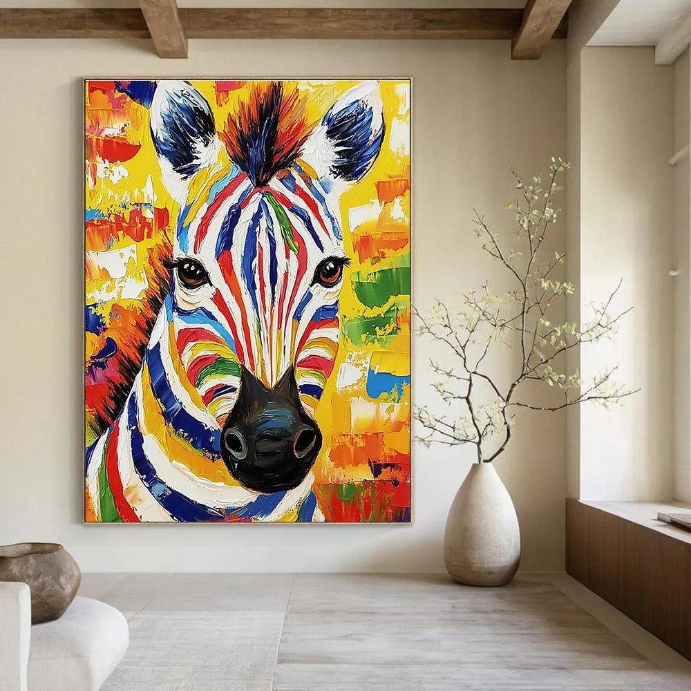 This large abstract painting features a vibrant zebra portrait in bold colors and thick brush strokes, radiating lively expression and natural light.STSC975