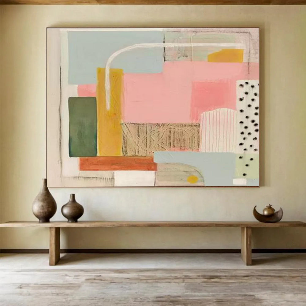 Pastel Geometry Abstract Painting with Pink, Green, and Yellow Tones THY204