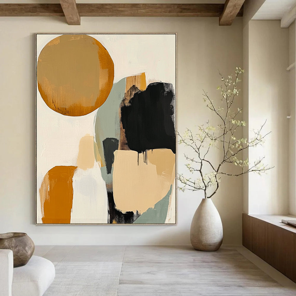 Large abstract artwork featuring earthy tones with circles and ovals surrounded by soft gray lines against a white background for an elegant look.STSC475