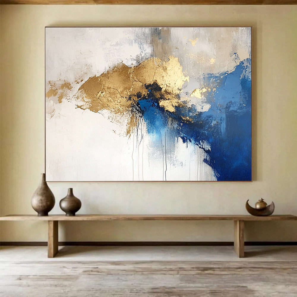 Blue Gold and White Abstract Painting with Fluid Shapes DYP183