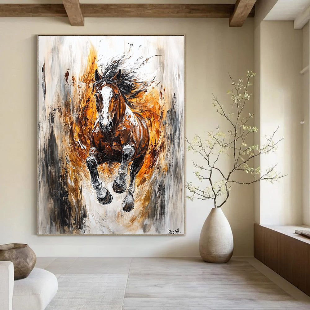Large abstract painting featuring a wild horse in motion with dynamic colors and strong contrasts embodying speed and freedom.STSC1368