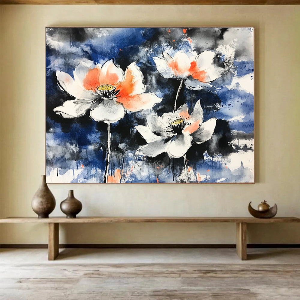 A large abstract painting featuring blooming lotus flowers with orange and white petals against a blue background using traditional Chinese brushstroke techniques.SC580