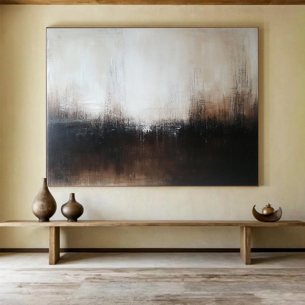 Large abstract painting in dark brown and white with neutral tones on wood panel features blurred edges and intricate details in minimalist style.SC057