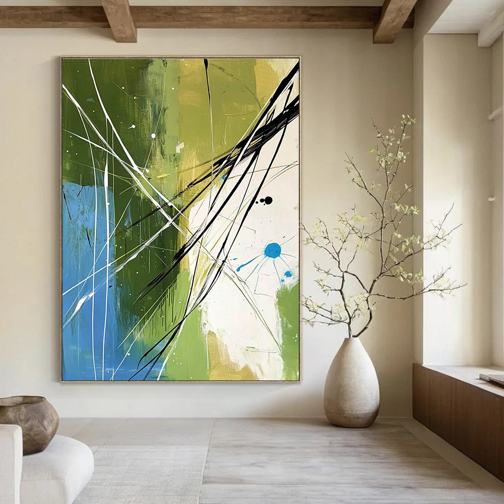 Large abstract painting featuring organic lines and shapes in green blue and white with black elements creating depth and movement for modern decor.STSC320