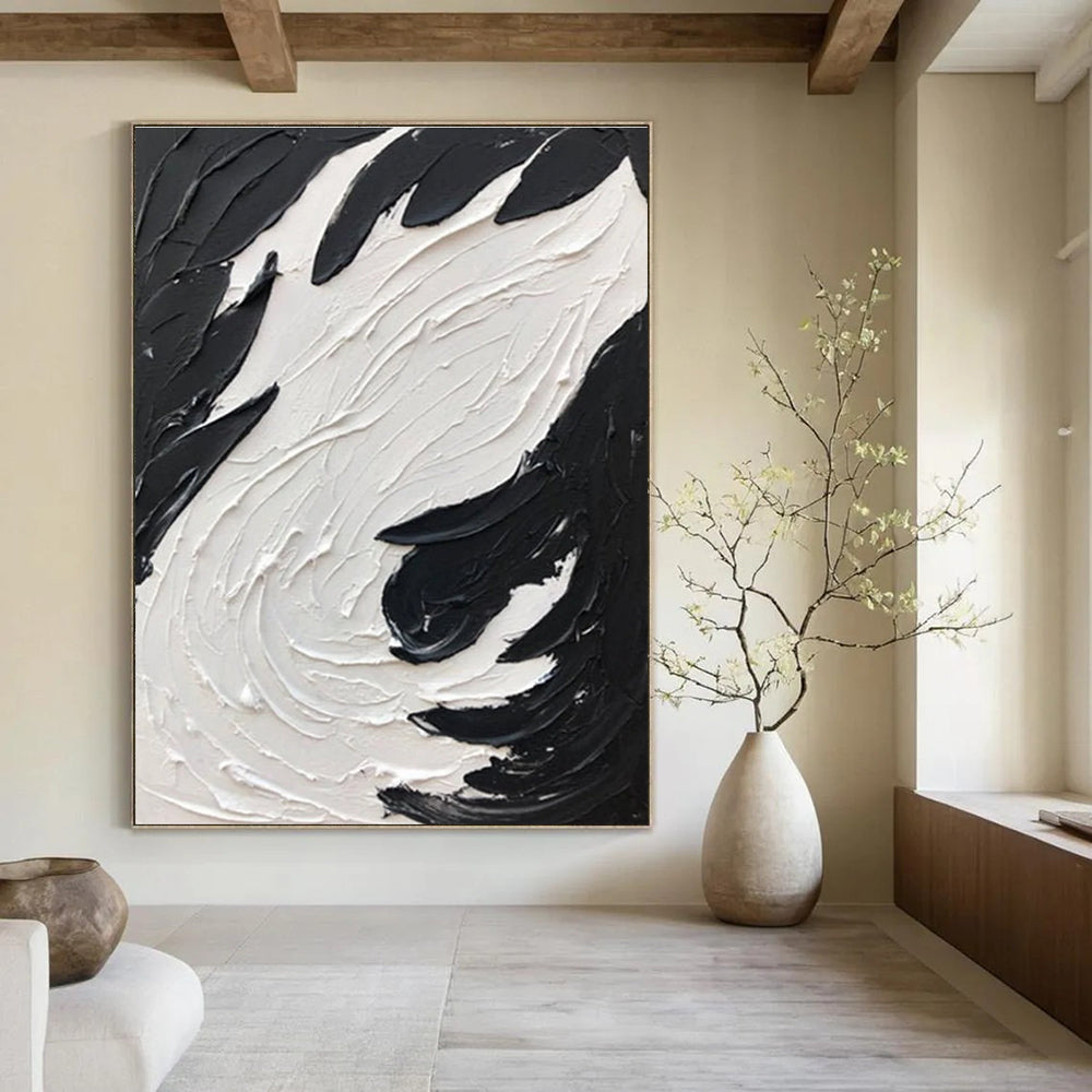 Black and White Bold Swirl - Textured Abstract Painting with Impactful Forms ADGE398
